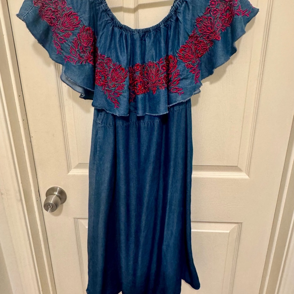 Philosophy Blue Denim Off-Shoulder Dress with Pink Embroidery